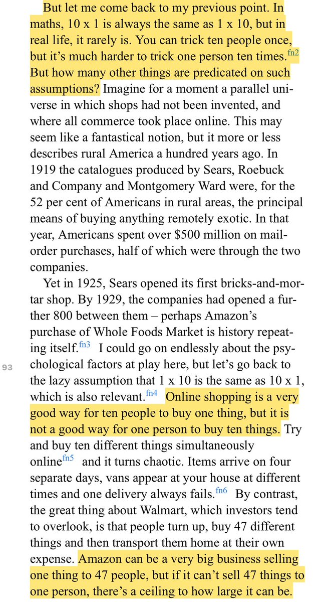 “Online shopping is a very good way for 10 people to buy 1 thing, but is not a good way for 1 person to buy 10 things. ... Amazon can be a very big business selling one thing to 47 people, but if it cannot sell 47 things to one person, there’s a ceiling to how large it can be.”