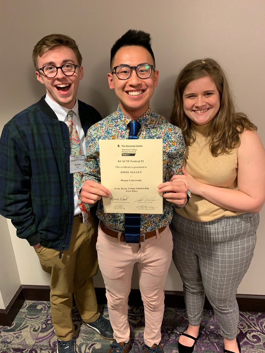 DoaneTheatre's tweet photo. Congratulations to Jimmy Nguyen, his partner Abby Weber, and their accompanist Boston Reid for WINNING the Irene Ryan Acting Scholarship competition! This fantastic team will go on to the national festival this April at the Kennedy Center in Washington DC!
#kcactf5 https://t.co/PahgWu9CrF