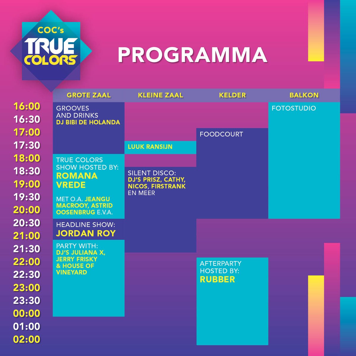 Morgen barst True Colors 2020 los in <a href="/ParadisoAdam/">Paradiso Amsterdam</a>. Zoals je gewend bent hebben we een divers en uitdagend programma voor je. Hierbij de timetable voor het event! 
De laatste tickets zijn nog verkrijgbaar via truecolors.nl