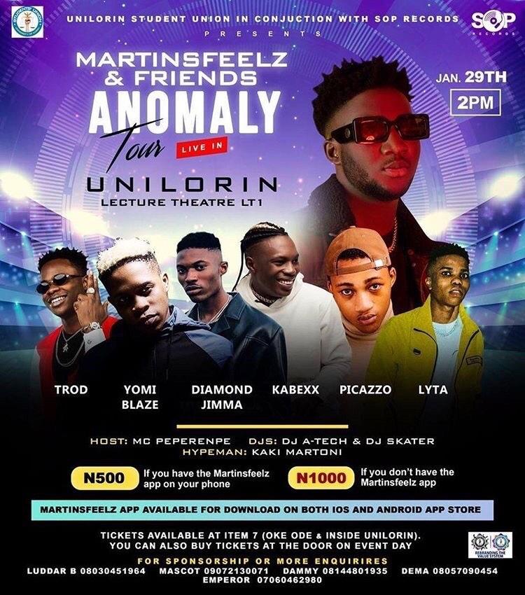 soprecords_'s tweet photo. Yay 4 DAYS TO GO 💃.

UNILORIN GET READY 💃💃💃 @martinsfeelz and friends will be live in UNILORIN for the #anomaly Tour Jan 29th by 2pm .

Kindly download @MartinsFeelz App available on IOS and ANDROID DEVICES for discount on your ticket 🔥😎 .

#anomaly #anomalyalbum #necessary https://t.co/ywXAQ92Qae