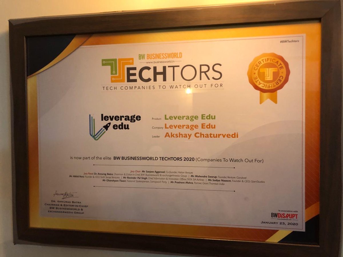 TiEDelhi's tweet photo. #TiEMember @Akshay001 & #TiELumisEntrepreneurialExcellenceAwardWinner 2019 @LeverageEdu added another feather to its cap by winning the @BWBusinessworld #TechTor Award. Keep up the great work! https://t.co/JcIqqP9Y5G