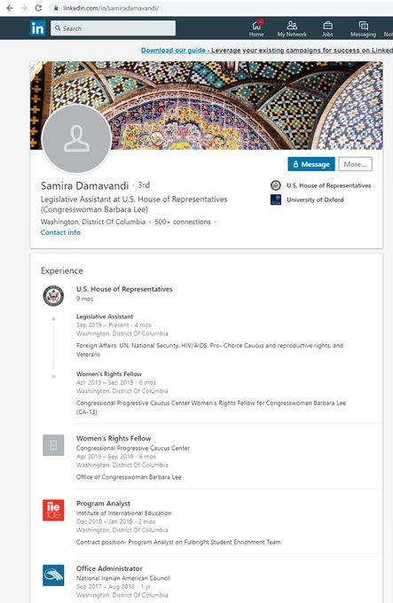4)Kharrazi has close relations with Samira Damavandi ( @samira_says).Damavandi is a NIAC member & a permanent Legislative Assistant in the Office of  @RepBarbaraLee.That could potentially give her (and the regime in Iran) access to U.S. citizens' data.
