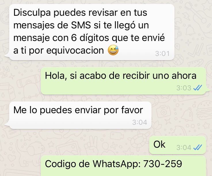 🚨A L E R T A 🚨 NO PIQUES

El hacker se hace pasar por uno de tus contactos en #WhatsApp y te envía un mensaje pidiéndote un código: una vez que lo envías, estás perdido

➕ info👇👇👇👇
niusdiario.es/ciencia-y-tecn… 

RT para que NO PIQUE más gente ‼️

Vía <a href="/NiusDiario/">NIUS</a> <a href="/LauraQueijeiro/">Laura Queijeiro</a>