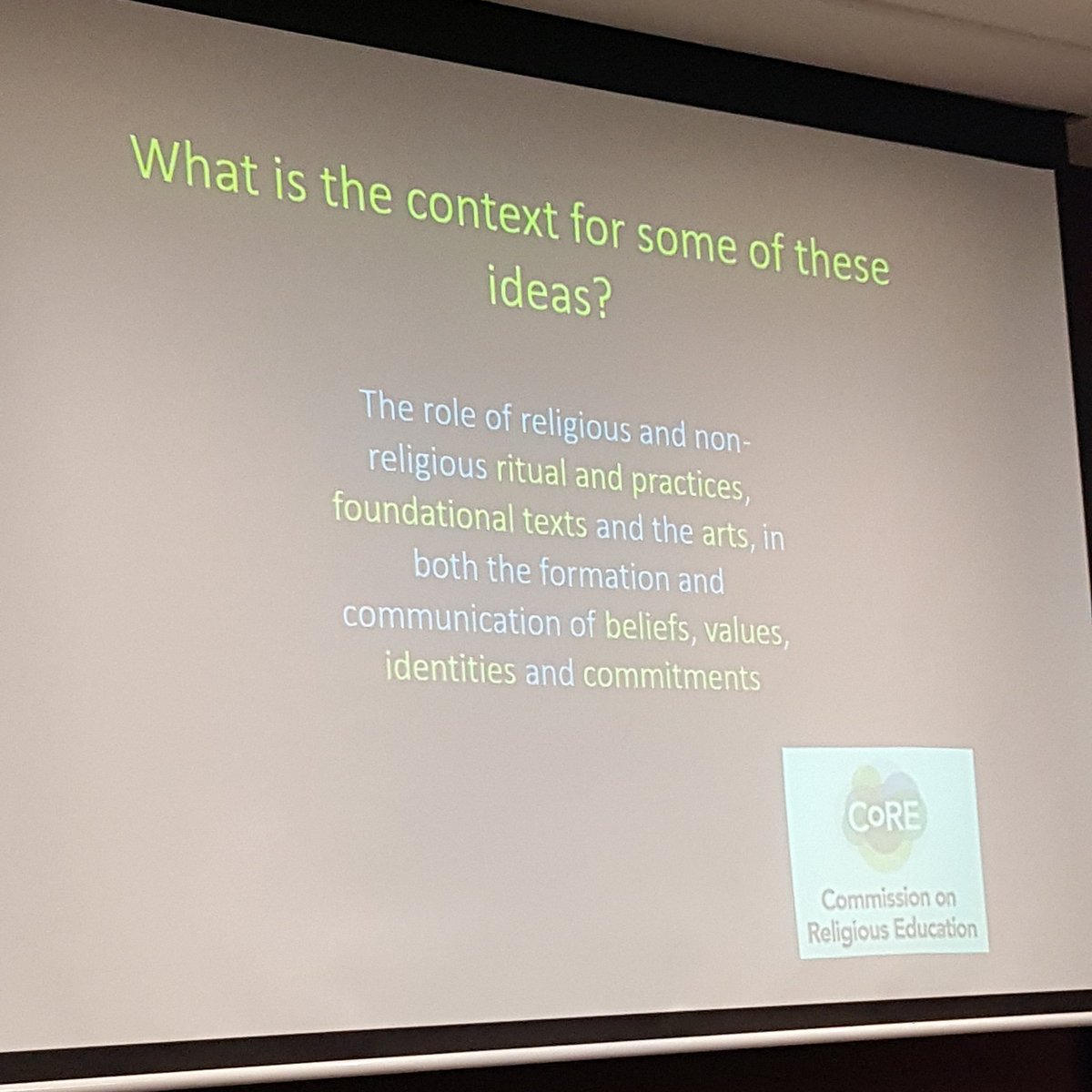 Listening to @Ad_Robertson on text, art, ritual, &amp; belief. Great to hear he's rooting his work in the National Entitlement proposed by <a href="/CommissionOnRE/">Commission on RE</a>. #StrictlyRE