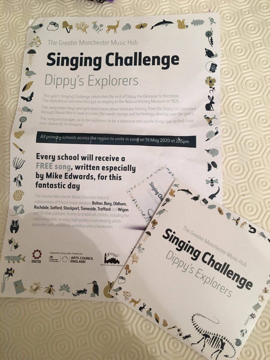 MEdwardsMusic's tweet photo. Great to see our 'Dippy's Explorers' song starting to make its way out to hundreds of primary schools across Bolton, Bury, Salford, Oldham, Stockport, Tameside, Trafford & Wigan!! Looking forward to hearing some performances. Big shout out to Ellie for recording the vocals! #GMMH https://t.co/DbgkEAoul4