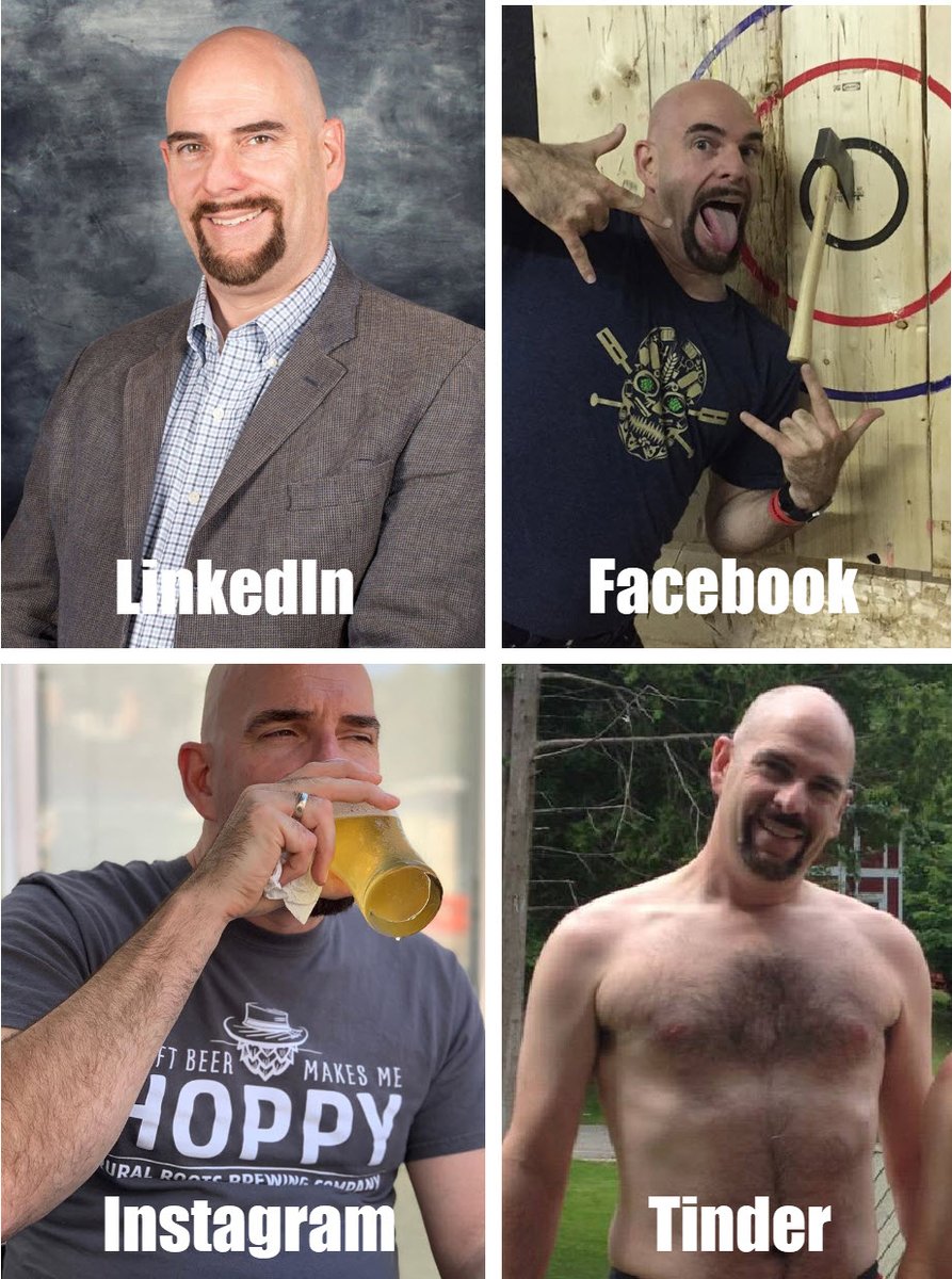 Same man in four different profile pics. Serious/business look for LinkedIn, silly recreactional for Facebook, drinking a beer for Instagram, shirtless for Tinder. Part of a meme.