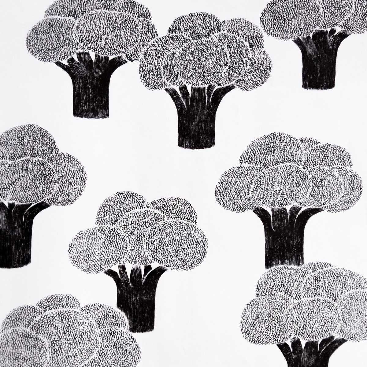 岩田 きいろの戸口 على تويتر 旧ブロッコリーの林 模様づくりをしてみたいと思いながらもテキスタイルパターンの作り方をまだ調査さえしていなかった頃 まず絵をただ模様のように見せかけて描くことを始めました この絵はその初期のものです