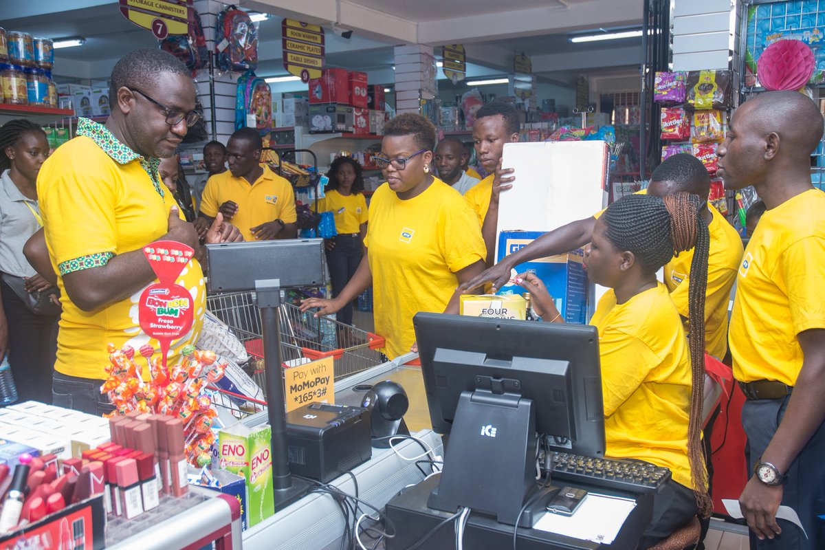 mtnug's tweet photo. Using #MTNMoMoPay to pay for goods and services free of charge is rewarding. Today, lucky customers from this week's trolley dash draw enjoyed the extra benefits of using the service at Cynibel Supermarket in Bunga. https://t.co/ZhrlyvhZOS