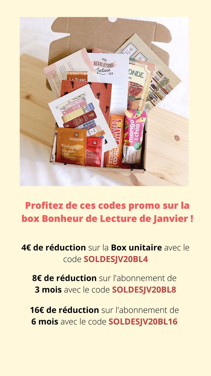 Si vous n'avez pas encore la box Bonheur de lecture de Janvier, vous pouvez profiter de ces codes promo pour réduire les frais de port inclus à quelques euros et des poussières ;) buff.ly/2SYYpdD