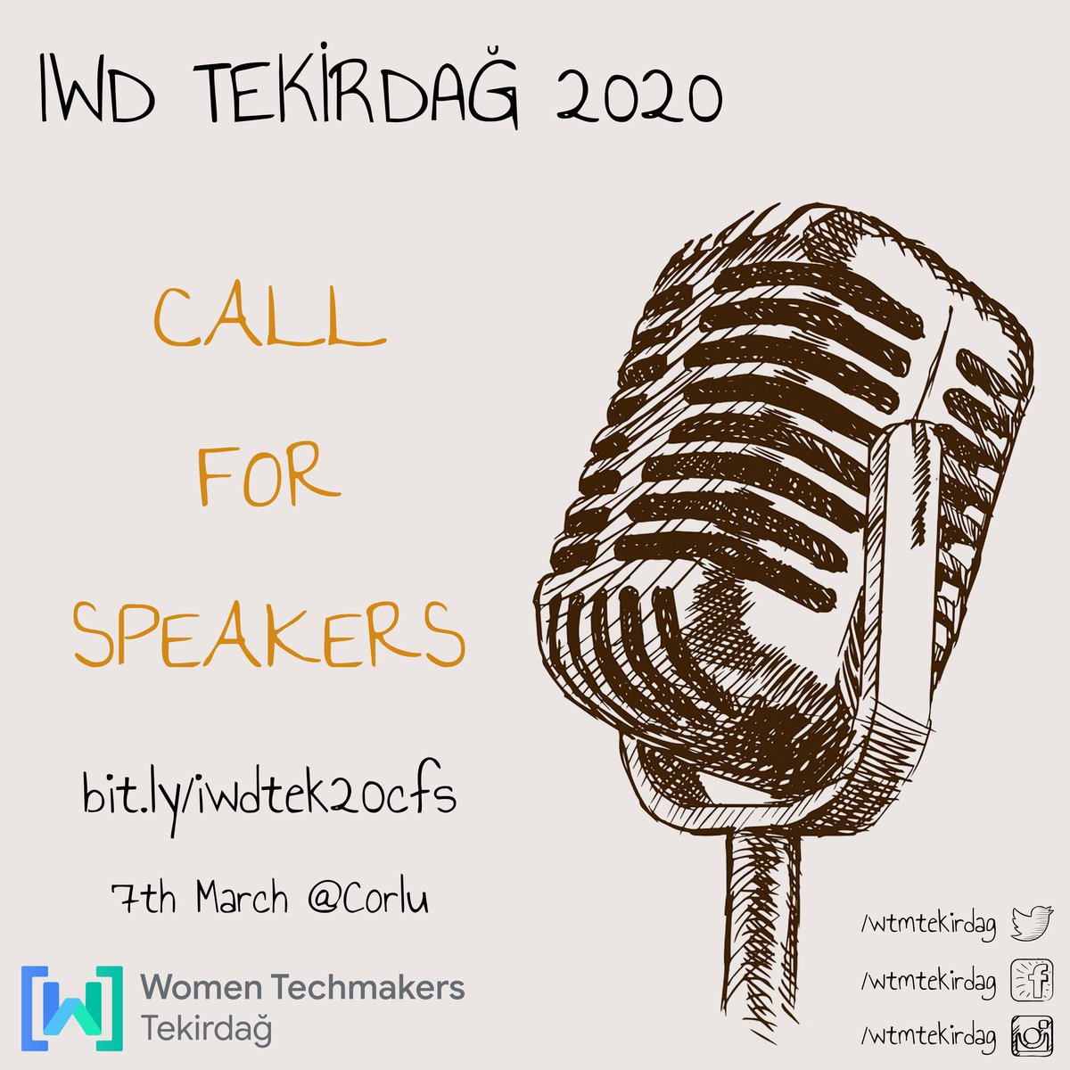 Herkese yeniden merhabaa!📣IWD'20 etkinliğimizde konuşmacı olarak yer almak ister misiniz?Eğer sende tecrübelerini, fikirlerini bizimle paylaşmak ve bizimle beraber keyifli bir gün geçirmek istiyorsan aşağıdaki formu doldurman yeterli! 🚀🚀

bit.ly/iwdtek20cfs  #iwdtek20