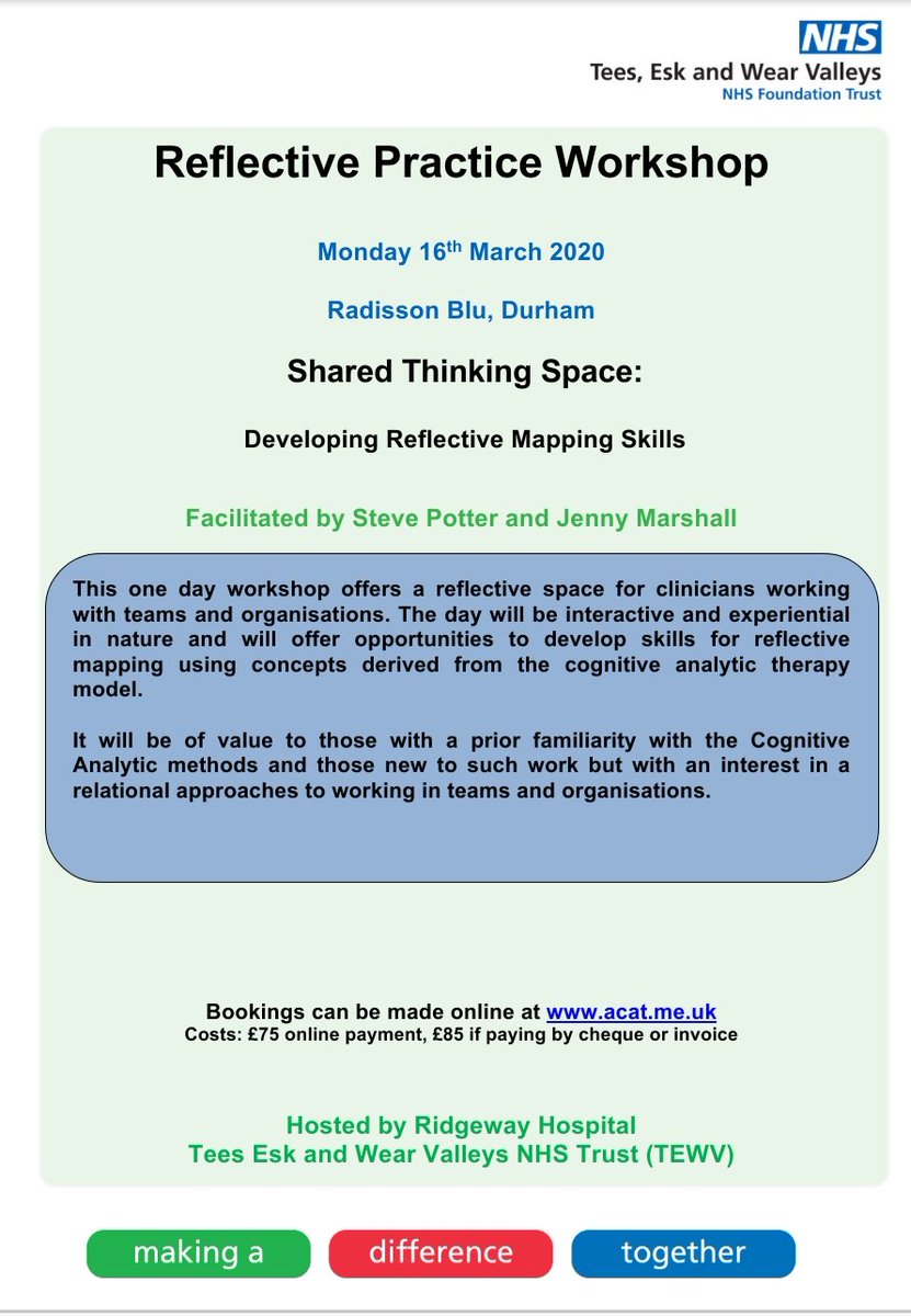 Assoc_CAT's tweet photo. Interested in using a #CognitiveAnalyticTherapy approach with teams & organisations? Shared Thinking Space: Developing Reflective Mapping Skills - 16 March 2020 - Durham - with Steve Potter & Jenny Marshall
Book at https://t.co/POsipoQ0uh
#CATReflectivePractice https://t.co/bP7OjhYRZQ