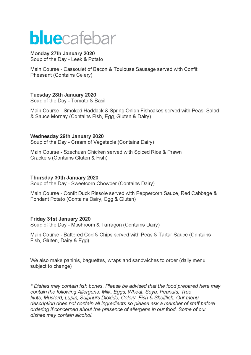 #bluecafebar menu for next week (27th January)
