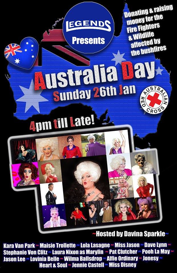 TOMORROW @LegendsBrighton from 4pm is the HUGE cabaret fundraiser w/ host @DavinaSparkle + @missjasondear, @DameDaveLynn, Maisie Trollete, @VonClitz, @MissLolaLasagne, @AlfieOrdinary, @JennieCastell, @missdisneydrag & more raising vital funds for #Australia.❤️🇦🇺❤️ @RedCrossAU