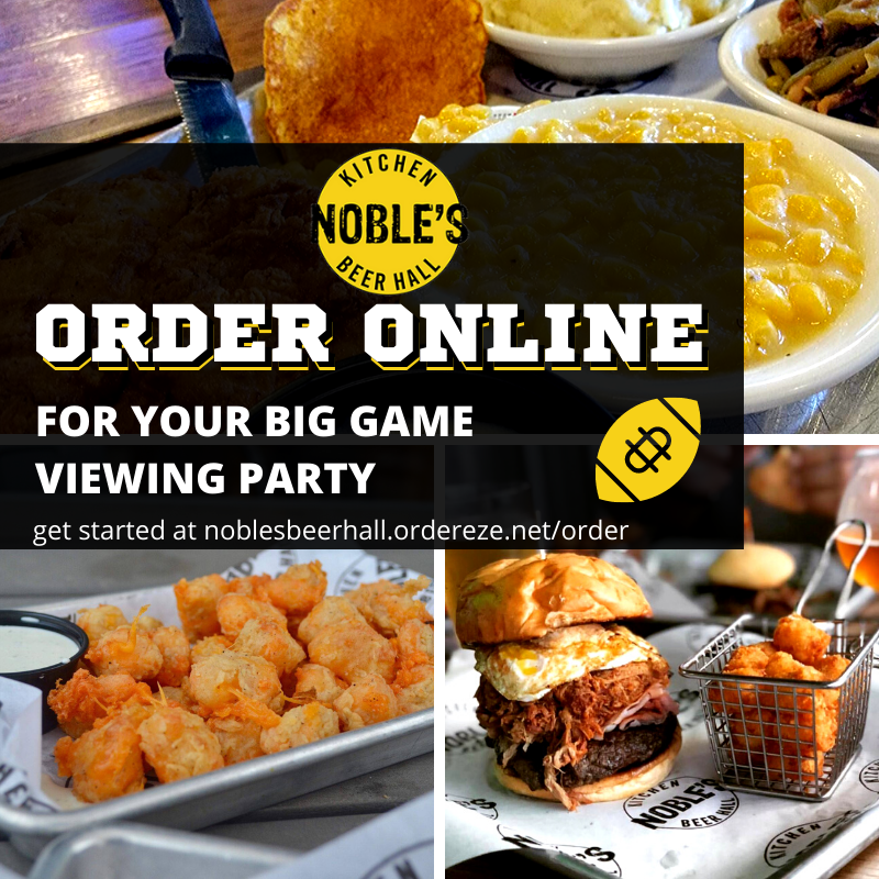 Are you throwing a Super Bowl Sunday Party?! 🏈 Order your food for the Big Game all online! 
.
.
.
#NoblesKitchenAndBeerHall #NoblesKitchen #NashvilleBBQ #NashvilleSportsBar #EatNashville #BeerHall #CraftBeer #NashvilleEats #NashvilleFoodie #NashvilleCatering #SuperBowlParty