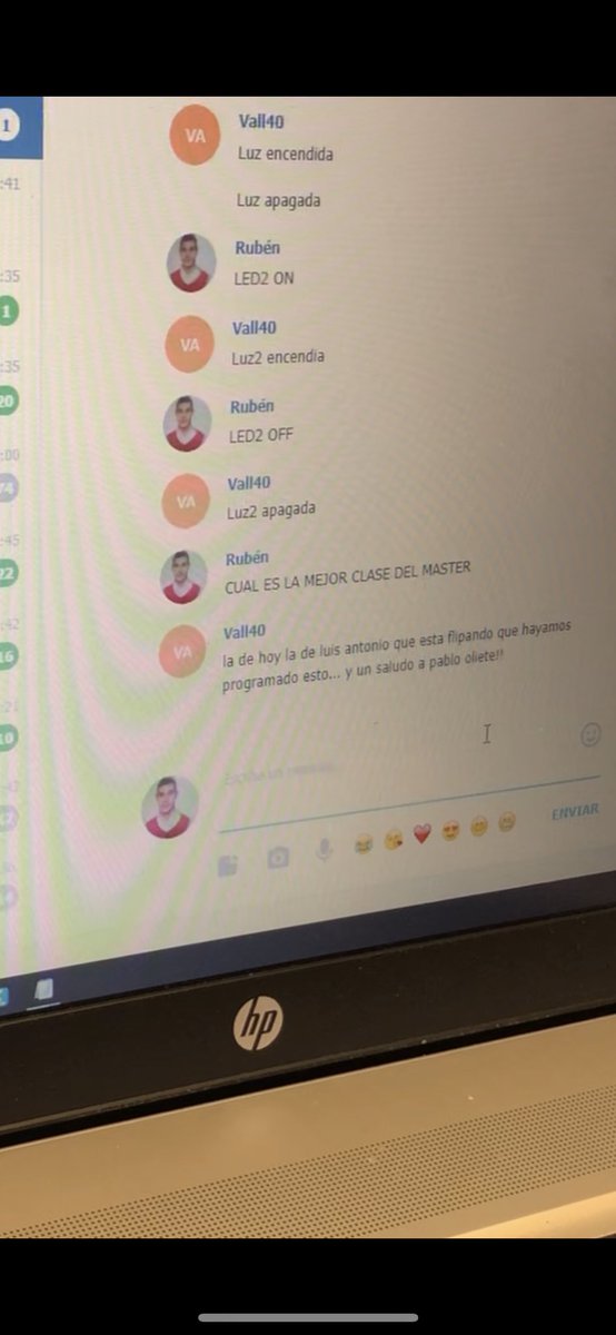 Programando un dispositivo #iot, un #boot de #telegram que controla remotamente un #arduino conectado a #internet y a unos #leds!!! En #i40vall dedicado a <a href="/pablooliete/">Pablo Oliete</a> con <a href="/RubenAguilar_21/">Rubén Aguilar</a> y <a href="/albertovf/">𝖠𝗅𝖻𝖾𝗋𝗍𝗈 𝖫𝗈𝗉𝖾𝗓</a> #i40 #industria40 <a href="/FomAlumni/">FomAlumni</a> <a href="/fomIoT/">Fom | Industria 4.0</a> <a href="/FomTalent/">FomTalent</a> <a href="/eden_valladolid/">Escuela de Negocios</a>