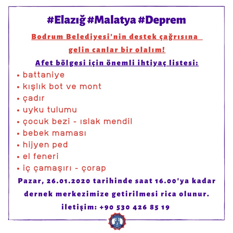 Bodrum Belediyesi'nin destek çağrısına gelin canlar bir olalım...
Aşağıda belirttiğimiz ihtiyaç listesini 26.01.2020 (Yarın) saat 16.00'ya kadar Derneğimize getirebilirsiniz..Dayanışma yaşatır!!
#elazığ #malatya
<a href="/BodrumGundem/">Bodrum Gündem</a> @ahmetarasbodrum <a href="/BodrumBel/">Bodrum Belediyesi</a> <a href="/BodrumKentTv/">Bodrum Kent Tv</a>