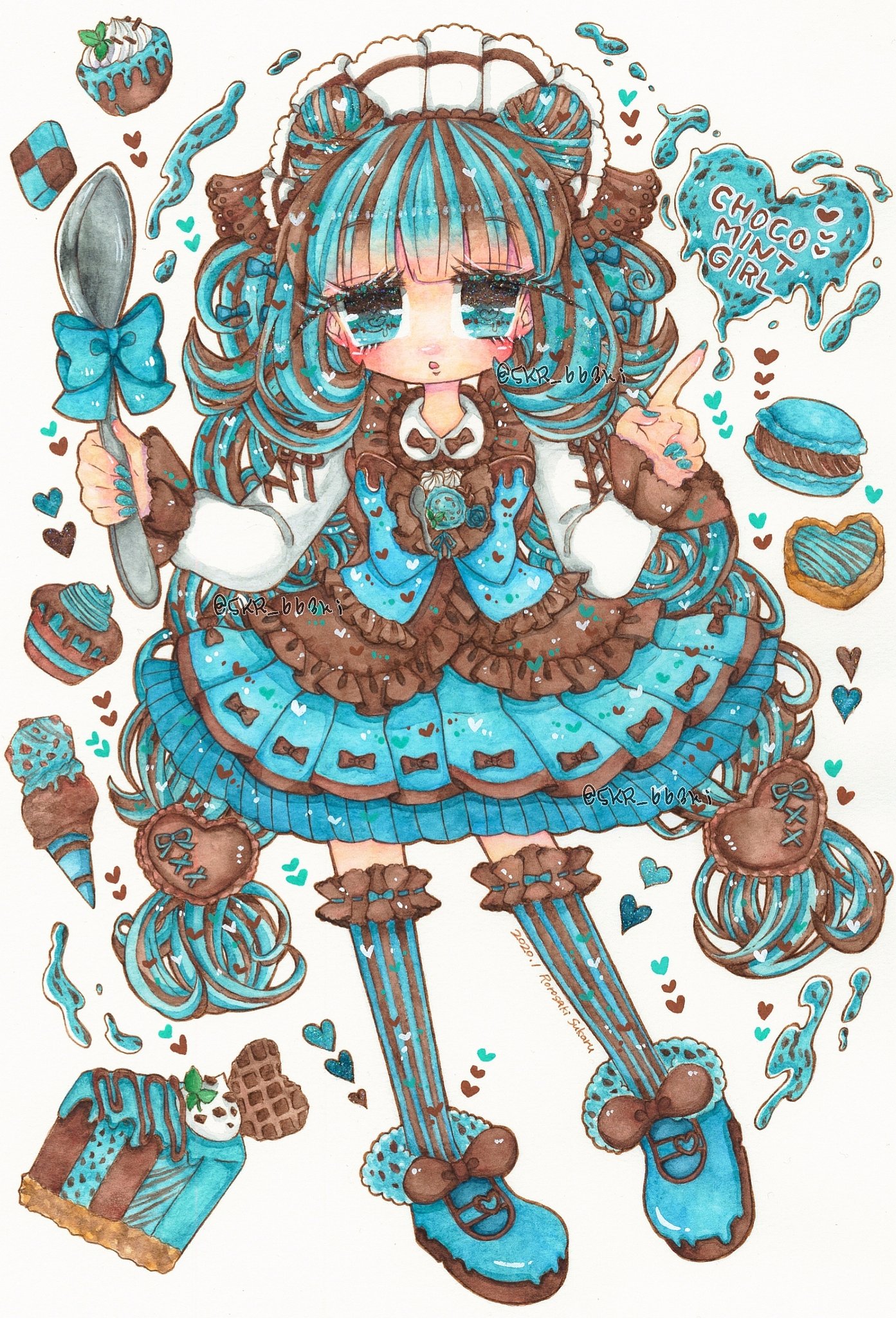 髏々咲すかる 在 Twitter 上 Chocomint Girl 告知 2 1 3 5 開催の チョコミント展4 にて展示します 初参加になります よろしくお願いします ろろさきすかるわーくす チョコミント チョコミン党 ロリィタ 女の子イラスト アナログイラスト