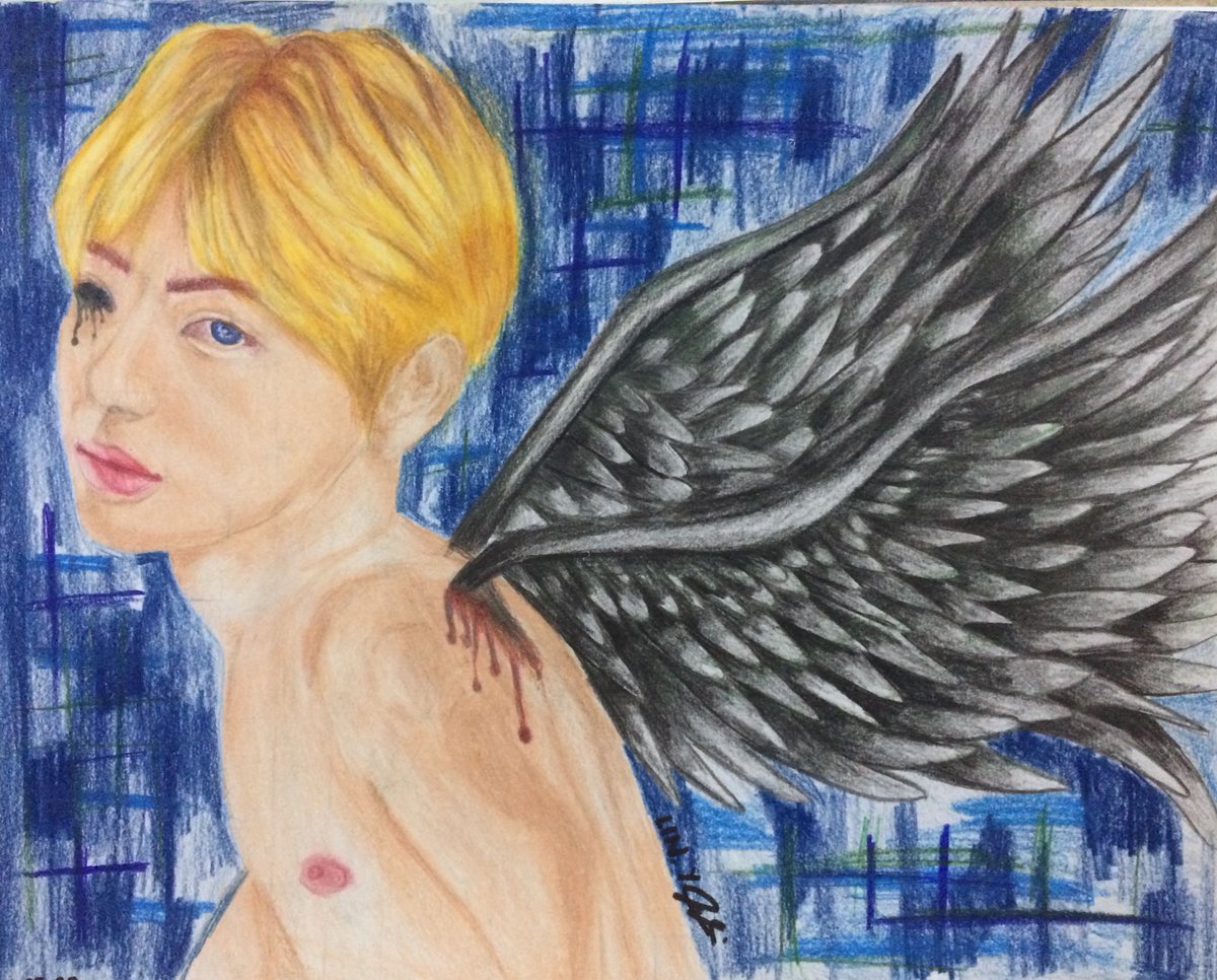 JANUARY 25 2020*second coloring pencil portrait and the right eye seems to be off so i had to color it black and it made it a lil more DaRk;yhe body proportion is so off bc the face, the body, and the wings are three separate references so... fuck