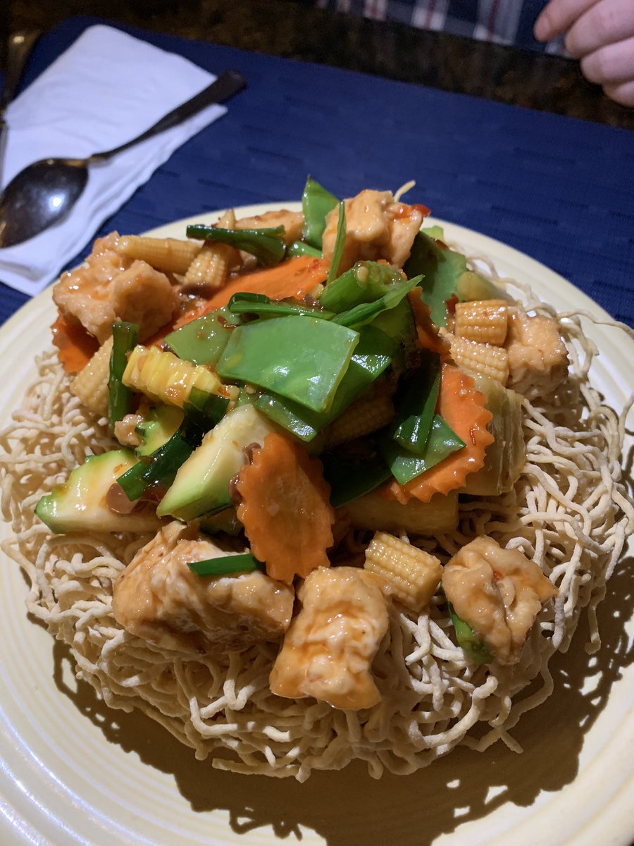 thaiexcursion's tweet image. Spicy tofu , crunchy noodles With spicy sauce vegetables and tofu.