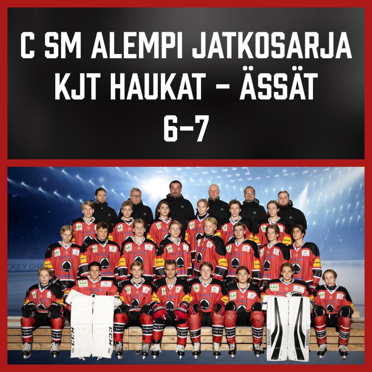 JunioriAssat's tweet photo. C1-nuorille täydet vieraspisteet!
Ässät voitti KJT Haukat 6-7 lukemin!
Ottelun tilastot 👉 https://t.co/l0h5wLijW4
C1-nuoret kohtaavat huomenna kotikaukalossa Kiekko-Vantaan. Ottelu alkaa Astora Areenassa klo.16. Tervetuloa!
#Ässät #YHDESSÄ #CSMfi https://t.co/HY96cWuBGV