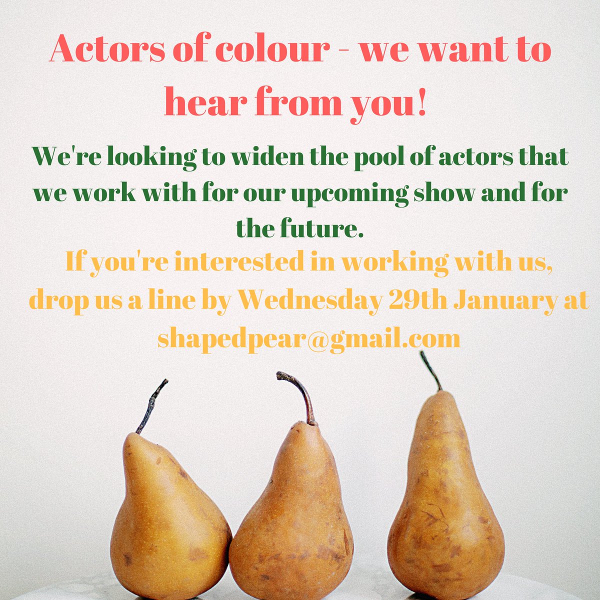 pearshapedplays's tweet photo. BAME actor? Fancy making theatre with us? Say hello! And share far and wide 💚
#VAULTconnect #BAMEcasting #LondonActors https://t.co/GEAduSFcOZ