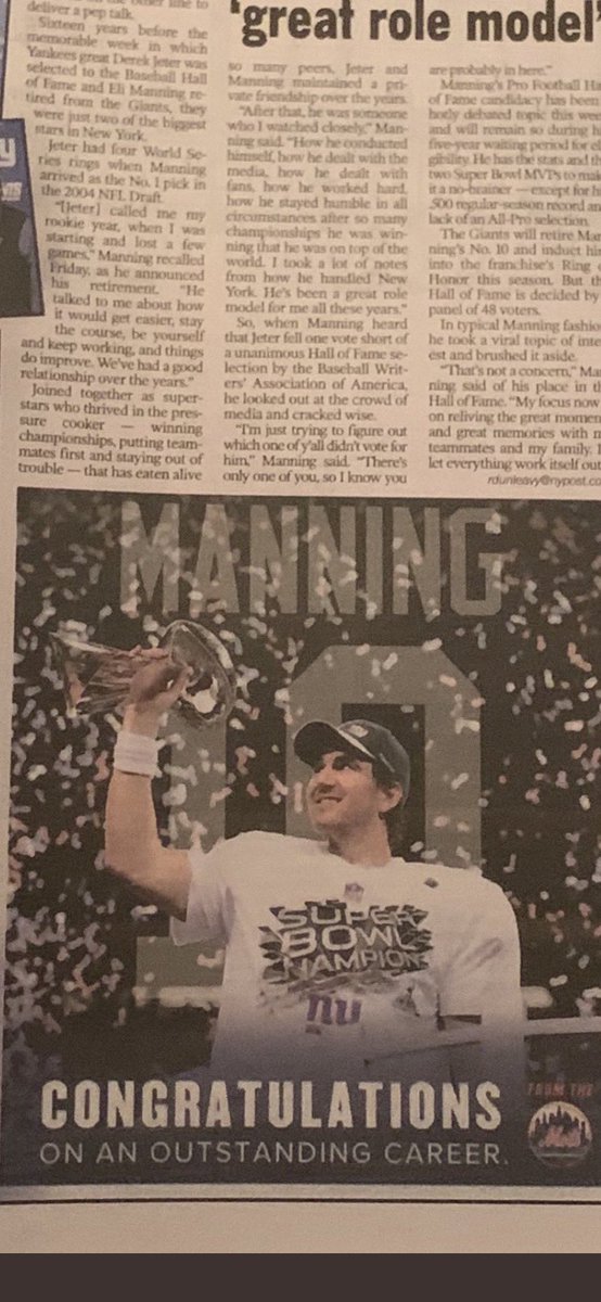 The Mets also took out an ad in today’s New York Post saluting Eli Manning’s retirement.
