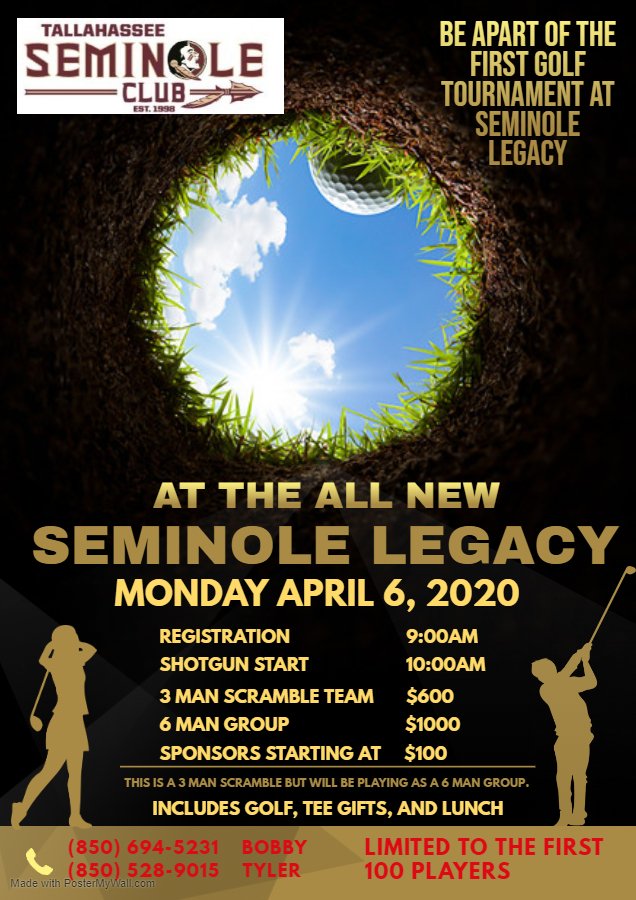 TallySeminoles's tweet photo. Attention fellow golfers and supporters of FSU. You will not want to miss this event. Come play at the newly renovated course by Jack Nicklaus here in Tallahassee. Get a team of 3 or a group of 6 and get ready for an amazing challenge. Message us for details. https://t.co/LK465hdCy2