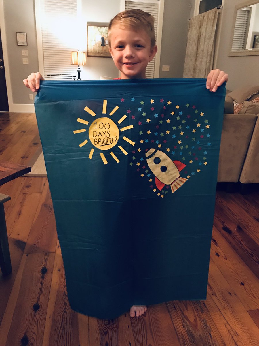 ebennett16's tweet photo. This mama is the anti-crafter. I can make a simple craft look a hot mess. Pretty proud of CJBβs 100 day cape. #weworkedhard #notears #bennettboys20 https://t.co/mQ9dyWhbFH