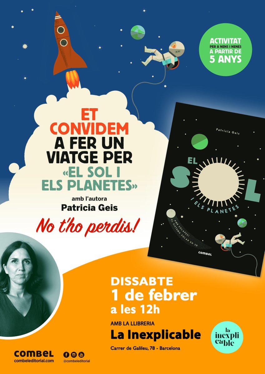 EditorialCasals's tweet photo. Més activitats programades!
📌On? @_LaInexplicable
📆Quan? 1 de febrer a 🕛12 h.
🌍 Què farem? Un viatge per EL SOL I ELS PLANETES amb l'autora @patriciageis
#Combeleditorial #Combelgeneration
+INFO👉 https://t.co/tV8aA4tDZZ https://t.co/6aXfIX6OBe