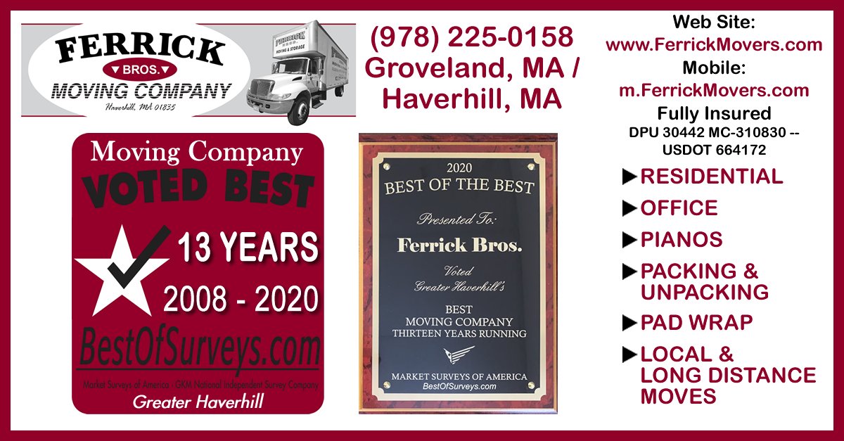 ferrickmovers's tweet photo. Ferrick Bros. Moving Company - #Haverhill #MA has been Voted Greater Haverhill's "Best Moving Company" 13 Years in a Row! (2008-2020)
FULL SITE: https://t.co/LEcE2VOosn 
MOBILE SITE: https://t.co/b6DZCToGZh 
#Moving #MovingCompany #Packers #MovingCompanies #Andover #Groveland #NH https://t.co/orB0Skoffq