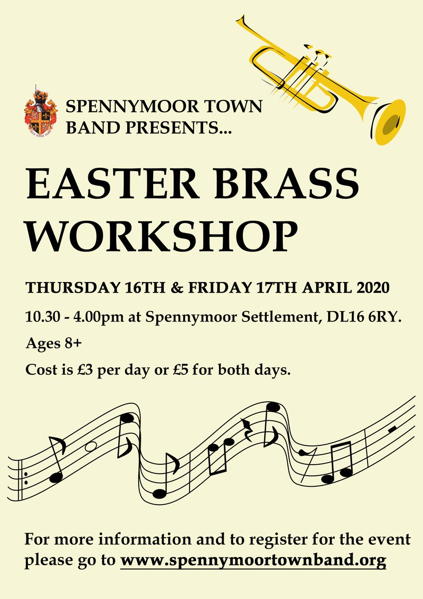 We're hosting a youth brass workshop this Easter, which will be a great opportunity for youngsters to learn new skills from some excellent tutors! 

More details + booking: spennymoortownband.org/events/2020/ea…