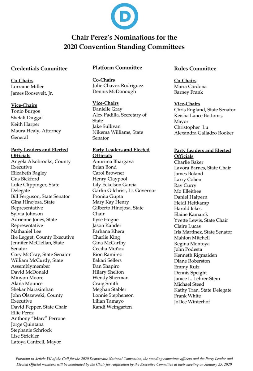 Democratic National Committee chair Tom Perez issued a list of individuals he nominated for the 2020 Democratic National Convention committees. Let's examine some of the individuals. I'll initially focus on the nominees for the DNC Platform Committee.Thread.