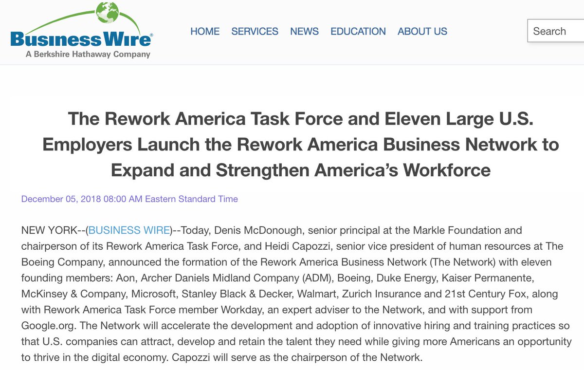 Rework America Business Network that McDonough helped launch counts as its founding members the following: Aon, Archer Daniels Midland (ADM), Boeing, Duke Energy, Kaiser Permanente, McKinsey & Company, Microsoft, Stanley Black & Decker, Walmart, & Zurich Insurance