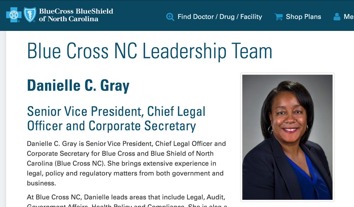 Danielle Gray, former Obama administration official, is the senior vice president, chief legal officer and corporate secretary for Blue Cross and Blue Shield of North Carolina
