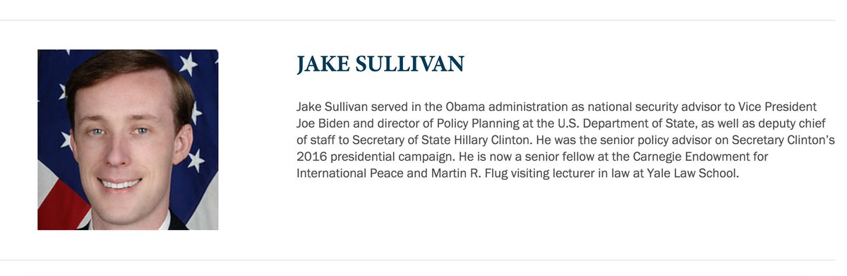 Jake Sullivan is a member of the Alliance for Securing Democracy's Advisory Council. He was a senior policy adviser for Hillary Clinton's 2016 and 2008 presidential campaigns. Sullivan was also a national security adviser to Vice President Joe Biden.