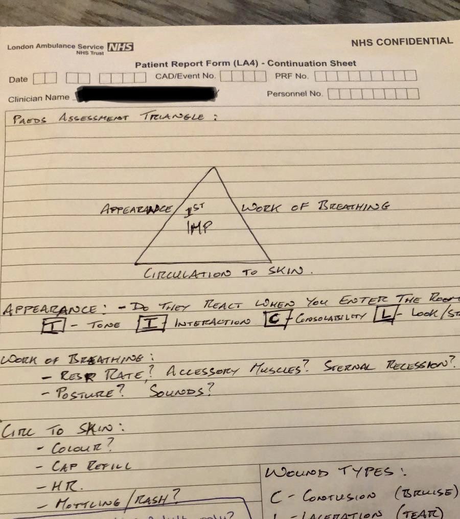 GavOMaonaigh's tweet photo. A former student sent me this yesterday. Off the cuff Paeds assessment teaching (between calls) from her first placement a few years ago. Impressed she kept it! Simple & Essential tips for all #HCP #TICLS #PAT #paramedics #Ambulance https://t.co/yXAsyxivor