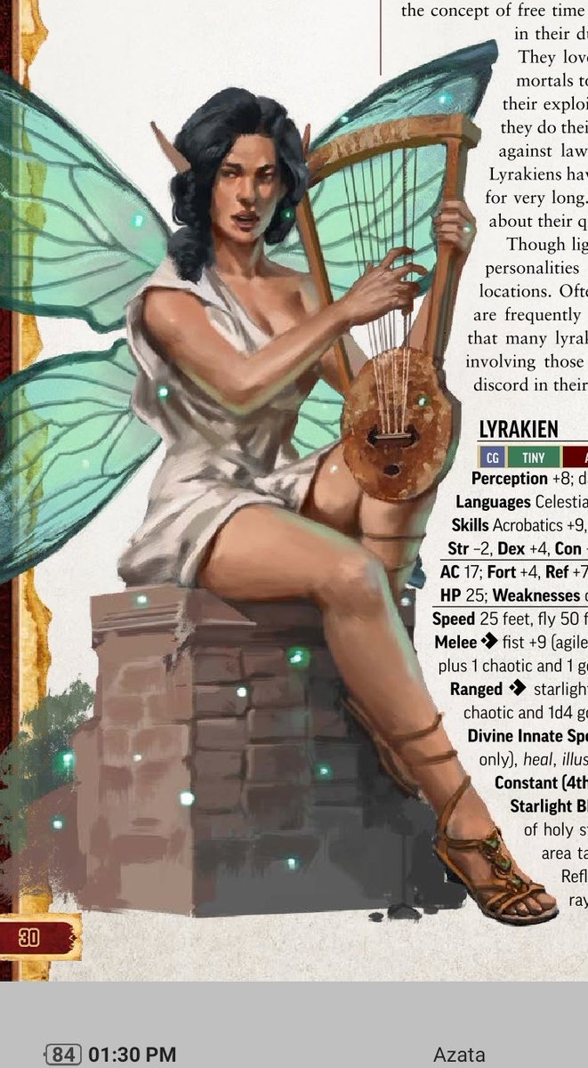 Lyrakien: Away from the Archons and into the Azata's. This one boasts a name that is very similar to one of my favorite persons and both of them are hot so HOT! HOT!!! HOTTTT!!!  #PF2  #TTRPG