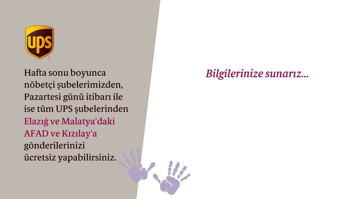 Hafta sonu boyunca Elazığ ve Malatya'daki AFAD ve Kızılay'a ücretsiz yollayabileceğiniz yardım gönderileri için açık şubelerimizin listesi için tıklayın: ups.com.tr/nobetcisubeler…