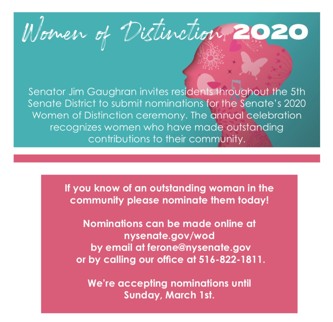 Help Sen. Jim Gaughran recognize women of distinction. Please submit a nomination for the Senate's 2020 Women of Distinction ceremony.