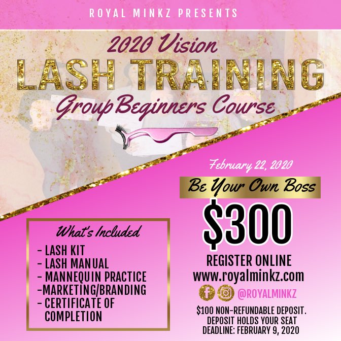 RoyalEstheticz's tweet photo. Invest your refund and book our Group Lash Class‼️ 
2020 Vision all year long ! 
📍Location: Statesboro, Ga
🗓Date: February 22, 2020
Deadline: February 9, 2020
💰Nonrefundable Deposit: $100 ✨1-on-1 Classes Offered as well!
https://t.co/u6WTaT18ur

#SouthernNeverState https://t.co/Lcmzlfn9bw