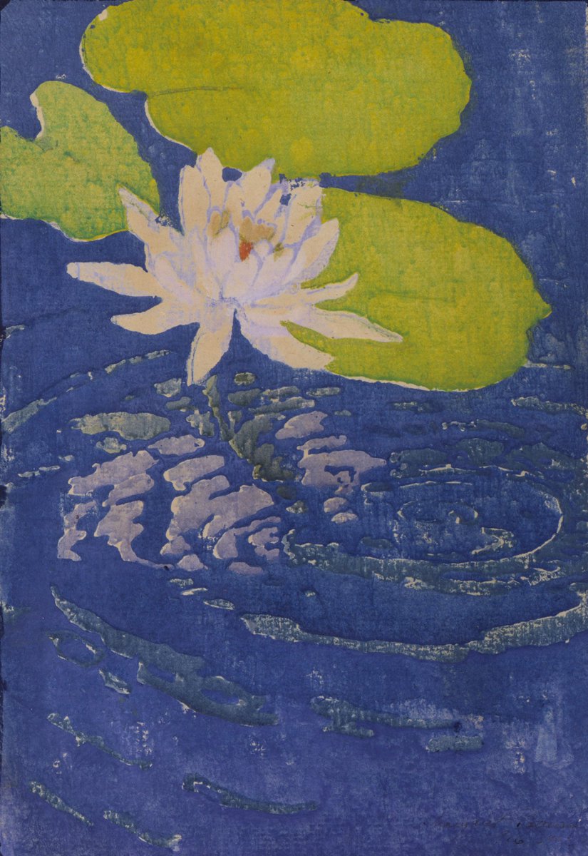 Color woodcut on paper of a single water lily with lily pads in water.