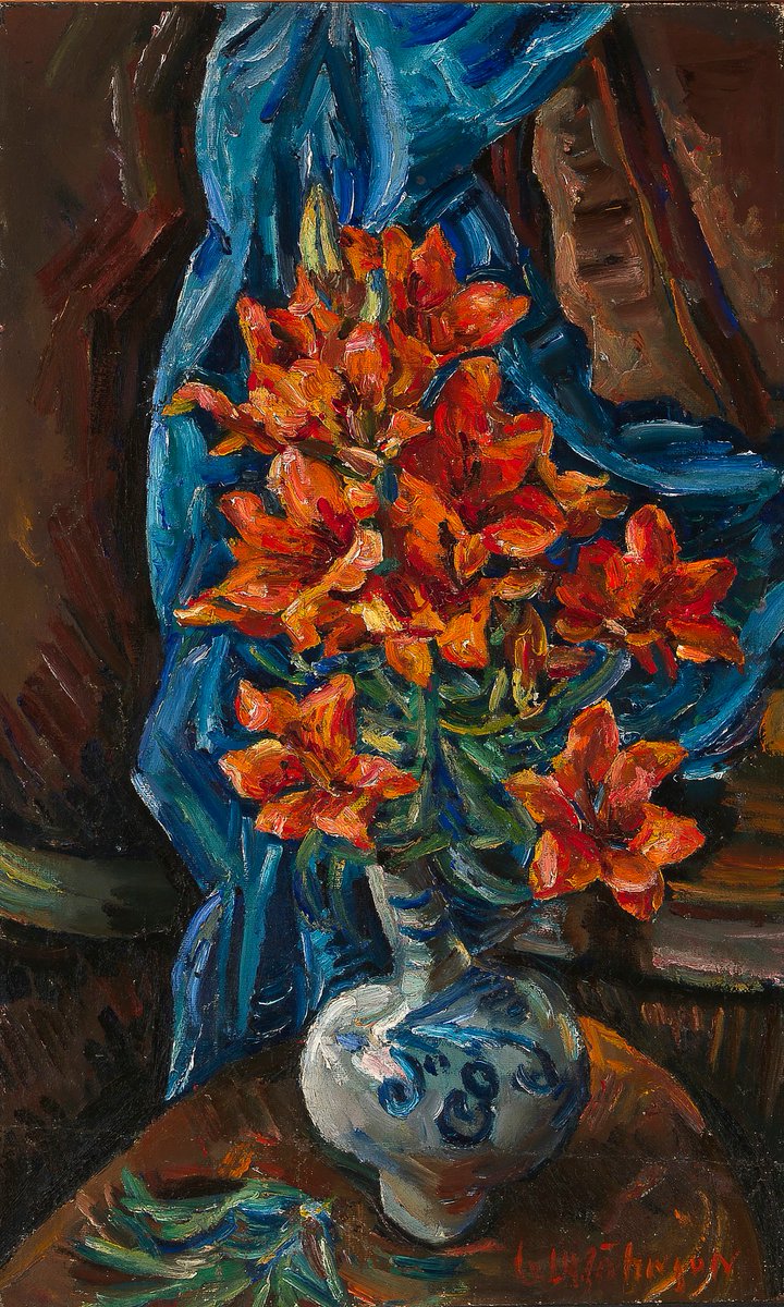 Painting of a bouquet of lilies in a vase on a table in front of a blue fabric drape.