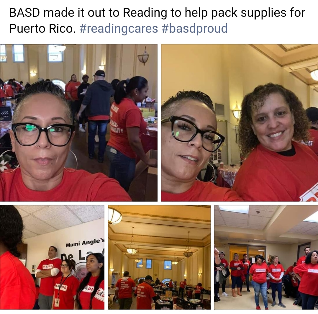 Dra_T_Sierra's tweet photo. Packing items to send to Puerto Rico #BASDProud #readingcares @BethlehemAreaSD https://t.co/NB6PeNcGDI