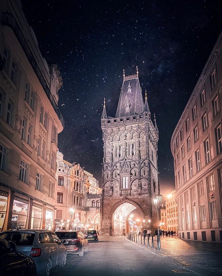 Powder Tower at the Old Town of Prague, Czechia 🇨🇿  
#gothic #tower #street #stars #lamp #night #Prague #Czechia #VisitCzechia #CzechiaHeritage #AmazingCzechia