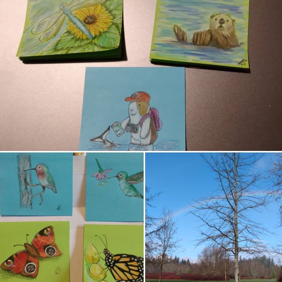 ksneathart's tweet photo. More Post-it art for the Sticky Show in Vancouver BC. Top 3 drawn while kids were swimming at the pool. Cutie is looking forward to her trip! #postitnotes #tinyart #postitartwork #sticky2 #vancouverbc #colourpencil #lovecutie #butterflies #seaotter #orca #dragonfly #hummingbirds https://t.co/TyRK2KA5JD