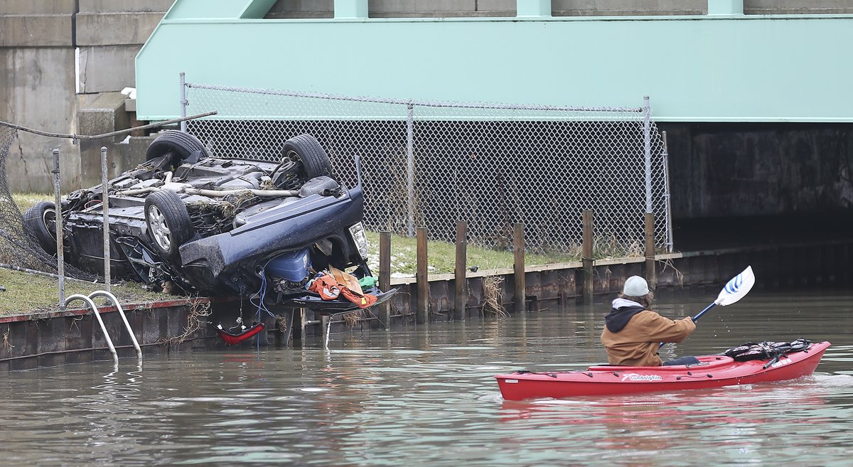 Dan_Janisse's tweet photo. Two people are in serious condition after the car they were travelling in left the road near the Wyandotte St. E. bridge at Little River then cleared the length of the river and landed on the east bank. The accident happened around 1 a.m. Police reconstruction is on scene. https://t.co/q2jtDub2HN