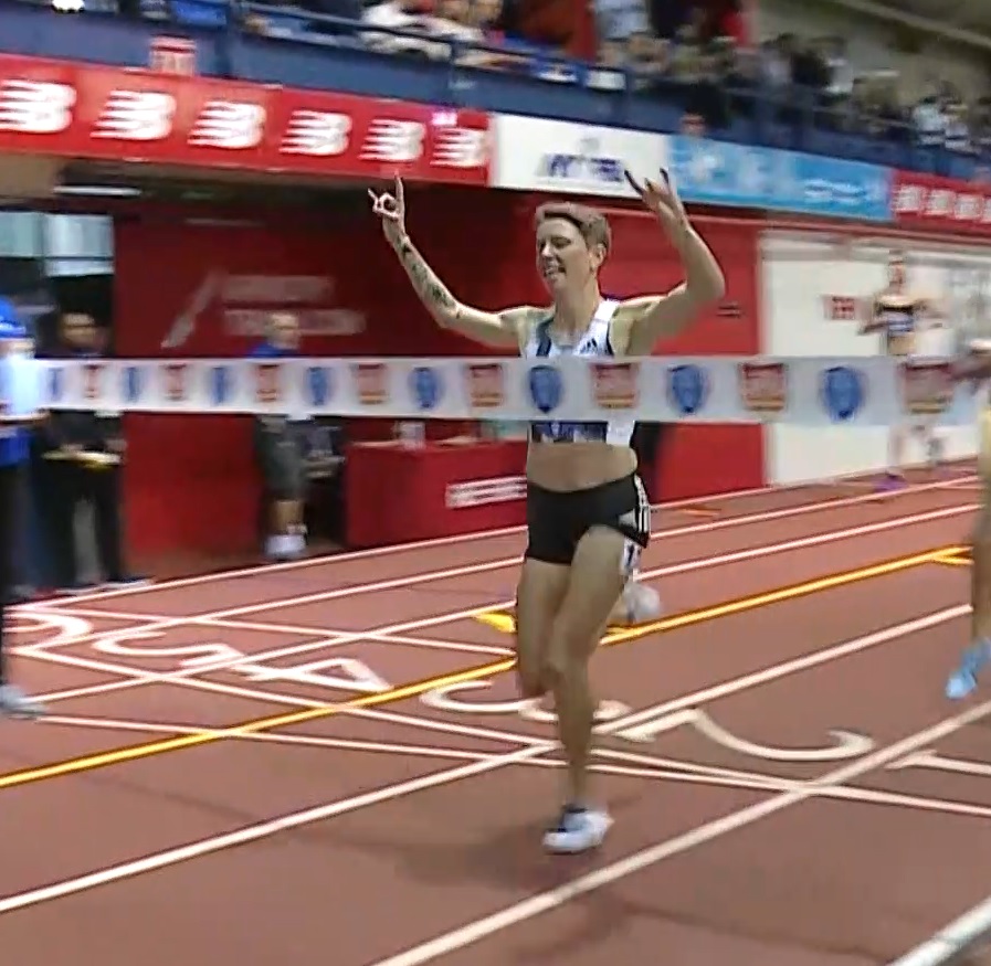 d9monti's tweet photo. World leader in the mile for @Nikki_Hiltz at #DrSanderInvite today at the Armory: 4:29.39. Also NCAA leader for Whittni Orton from BYU: 4:29.76, her first-ever sub-4:30, indoors our out.
Screen grab from @NBCSportsGold https://t.co/ULVPgMo1oK