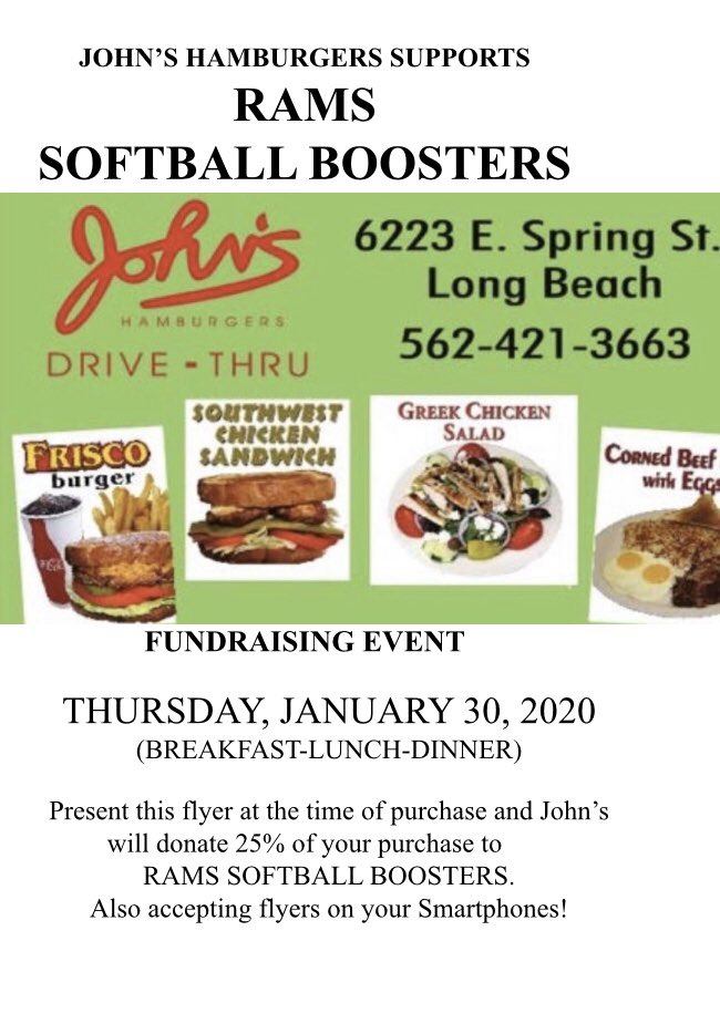 Help support Ram Softball at our John’s Hamburger Fundraiser! On January 30th cruise on over to John’s and present them with this flyer and they will donate 25% back to our softball program! This fundraiser is an all day event so swing by anytime!