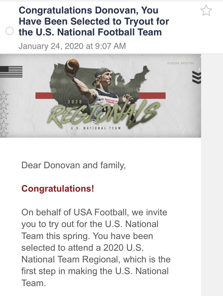 ThomasonDonovan's tweet photo. Excited that I have received an invite to tryout for the U.S. National Football Team @CoachMohns @USNFT @AlPopsUSAFB @saguarofootball https://t.co/fTRykMS7Bm