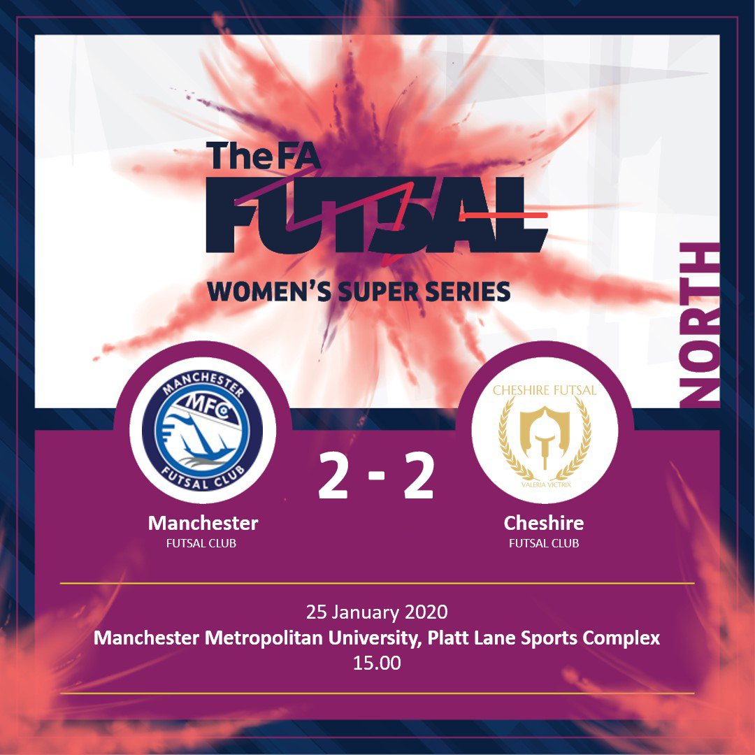 FA_NFS's tweet photo. @MFCWomensFutsal @CheshireFutsal FT | Women's Super Series North

@MFCWomensFutsal 2 - 2 @CheshireFutsal 

And there was still nothing between them! Intense game between rivals that finishes with the spoils shared. The point better for Manchester than it is Cheshire as they continue to occupy the same spaces. https://t.co/mCsxWgpNtq